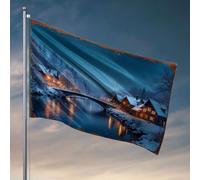 Drapeaux amusants pour dortoir, village enneigé avec pont sur la rivière la nuit. Drapeau décoratif pour chambre à coucher, panneaux d'automne pour porche avant (120 x 180 cm)