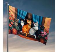 Drapeaux amusants pour dortoirs universitaires - Cinq chats assis sur un rebord de fenêtre avec des fleurs - Accessoires de chambre pour dortoir - Drapeaux pour décoration de chambre (152 x 244 cm)