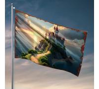 Drapeaux amusants pour gars, château fantastique sur une île rocheuse au coucher du soleil, accessoires de bar, décoration d'intérieur amusante (30 x 45 cm)