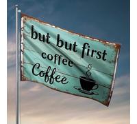 Drapeaux amusants pour les gars rustiques « But First Coffee » avec illustration de tasse torride pour décoration de chambre de garçon (30 x 45 cm)