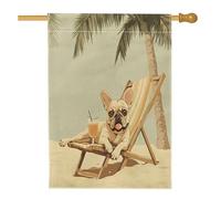 Drapeaux amusants pour maison de chien bouledogue français, 71,1 x 101,6 cm, double face, vintage, plage, palmier, cour, cour, arrière-cour, drapeaux verticaux, pour la maison, les animaux domestiques