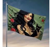 Drapeaux amusants Une femme aux longs cheveux noirs tenant un chat noir, entouré de roses rouges. Drapeau cool Drapeaux pour chambre gars Cadeaux amusants pour patron (152 x 244 cm)