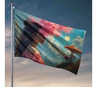 Drapeaux amusants Une femme dans une robe rose avec des champignons et des nuages surréalistes. Drapeau cool drapeaux chambre gars cadeaux amusants pour patron (30 x 45 cm)