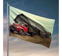 Drapeaux amusants vintage camion rouge garé devant une grange rustique. Drapeau de jardin support homme grotte meubles (30 x 45 cm)