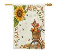 Drapeaux aquarelle d'automne pour chat abyssin 71,1 x 101,6 cm pour extérieur, vélo d'automne, tournesol vertical, drapeau vertical standard en lin, décoration extérieure imprimée cool avant cour
