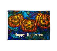 Drapeaux citrouilles pour l'extérieur, Halloween festif en vitrail bleu avec bannière en corde, décoration résistante à la décoloration pour porche, jardin, balcon, maison, 0,6 x 0,9 m