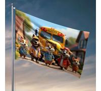 Drapeaux cool pour dortoir universitaire, cinq chiens de dessin animé debout devant un bus scolaire, drapeau rétro décoration de chambre de dortoir, drapeaux pour hommes (152 x 244 cm)