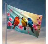 Drapeaux cool pour dortoir universitaire - Trois oiseaux colorés sur une branche en fleurs - Drapeaux pour adolescents - Accessoires de bar en plein air - Décoration (60 x 90 cm)
