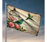 Drapeaux cool pour gars, oiseaux, cage, roses, notes de musique. Drapeau décoratif amusant pour chambre à coucher (120 x 180 cm)