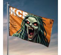 Drapeaux cool pour homme, grotte effrayante monstre avec cheveux verts sur fond orange, accessoires de chambre à coucher, drapeaux décoratifs d'extérieur (152 x 244 cm)