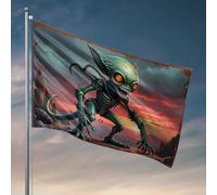 Drapeaux cool pour homme, grotte, monstre extraterrestre vert avec yeux oranges dans une scène de coucher de soleil spectaculaire, drapeau décoratif pour chambre à coucher, drapeaux d'extérieur (60 x