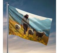 Drapeaux cool pour homme grotte un homme marche avec trois moutons dans un champ montagneux. Drapeaux amusants cool (30 x 45 cm)