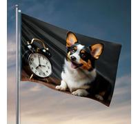 Drapeaux cool pour les gars, un chien heureux à côté d'un réveil. Drapeau décoratif amusant pour chambre à coucher (60 x 90 cm)