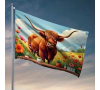 Drapeaux Country Boy Vache Highland dans un jardin fleuri pour décoration de chambre d'adolescent (30 x 45 cm)