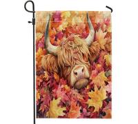 Drapeaux d'automne en toile de jute avec vaches des Highlands - 30,5 x 45,7 cm - Double face pour l'extérieur, amusant - Feuille d'érable d'automne - Drapeaux de petite maison pour animaux domestiques