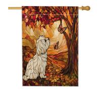 Drapeaux d'automne en toile de jute pour chien maltais - 71 x 101 cm - Double face pour l'extérieur - Drapeaux en lin en verre teinté d'automne - Drapeau de porche pour maison d'animaux domestiques