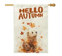 Drapeaux d'automne mignons de maison d'ours de dessin animé 71,1 x 101,6 cm pour l'extérieur, feuilles d'érable d'automne, drapeaux verticaux standard en lin pour la maison, l'anime amusant pour