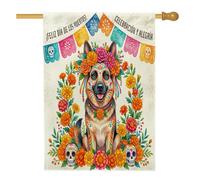 Drapeaux de berger allemand Jour des morts 71,1 x 101,6 cm double face pour décoration, motif tête de mort floral, drapeaux de maison en toile de jute mignons pour l'extérieur
