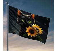 Drapeaux de chambre à coucher avec un chat noir aux yeux verts tenant des tournesols. Drapeau pour bar Tiki pour extérieur terrasse (30 x 45 cm)