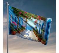 Drapeaux de chambre à coucher Une allée pittoresque ornée de fleurs vibrantes mène à la mer. Drapeau, grotte, bar, Tiki Bar pour extérieur terrasse (152 x 244 cm)