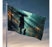 Drapeaux de chambre à coucher « Une personne avec un parapluie marche dans une rue pluvieuse accompagnée d'un chat noir ». Drapeau pour bar Tiki pour terrasse extérieure (152 x 244 cm)