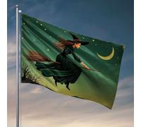 Drapeaux de chambre à coucher Une sorcière vole sur un balai sous un croissant de lune, drapeau de bienvenue pour jardin, grotte d'homme (152 x 244 cm)