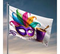 Drapeaux de chambre amusants avec plumes colorées ornent un masque festif à côté d'une tasse dorée. Drapeau décoratif pour porte de chambre, bar Tiki pour extérieur (60 x 90 cm)