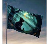 Drapeaux de chambre amusants Un chat noir assis sous un croissant de lune dans une forêt. Drapeau décoratif de porte de chambre Tiki Bar pour terrasse extérieure (120 x 180 cm)