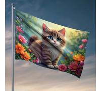 Drapeaux de chambre d'université adorable chaton dans un jardin coloré, drapeau vintage décoration de bar, drapeau de bateau (60 x 90 cm)