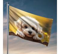 Drapeaux de chambre pour adolescents Adorable chiot regardant par-dessus une clôture en bois avec drapeau à fleurs, drapeaux amusants et cool pour décoration de chambre de garçon (120 x 180 cm)