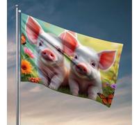 Drapeaux de chambre pour adolescents - Deux cochons mignons dans un jardin fleuri - Drapeaux amusants - Décoration de chambre de garçon (30 x 45 cm)