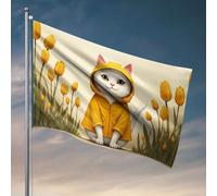 Drapeaux de chambre pour adolescents Un chat mignon dans un imperméable jaune entouré de tulipes. Drapeau décorations d'été pour la maison pour les garçons (30 x 45 cm)