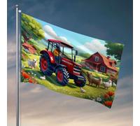 Drapeaux de chambre pour filles, « A Farmer Drives A Red Tractor On A Sunny Day », entouré de moutons, drapeau de poulets, accessoire de bar extérieur, drapeaux décoratifs pour chambre à coucher (152