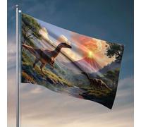 Drapeaux de chambre pour filles - Deux dinosaures se tiennent près d'une rivière avec un volcan en éruption en arrière-plan - Accessoires de bar d'extérieur - Drapeaux décoratifs pour chambre à