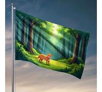 Drapeaux de chambre pour filles, un chat orange joyeux explore un chemin de forêt luxuriant et ensoleillé. Drapeau amusant pour dortoir, décoration d'automne (120 x 180 cm)