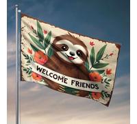 Drapeaux de chambre pour filles - Un paresseux joyeux entouré de fleurs vibrantes - Drapeaux amusants pour dortoir - Décoration d'automne pour l'extérieur (120 x 180 cm)