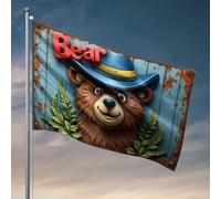 Drapeaux de chambre pour gars, ours heureux portant un chapeau de cowboy avec des plantes vertes, décoration d'intérieur amusante pour l'extérieur (60 x 90 cm)