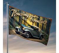 Drapeaux de chambre pour les gars des années folles : voiture vintage dans la forêt drapeau automne décoration extérieure amusante bar décoration (152 x 244 cm)