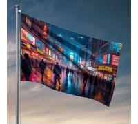 Drapeaux de chambre pour les gars, une rue animée de la ville la nuit avec des néons reflétant sur le trottoir humide, décoration de chambre pour homme, drapeaux de jardin pour l'extérieur (152 x 244