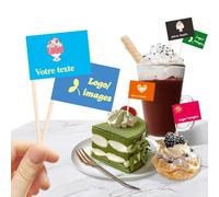 Drapeaux de cure-dents personnalisés avec logo/photo 100pcs, marqueurs de fromage personnalisés pour Hamburger Cupcakes Toppers décoration de fête étiquetage alimentaire (Style 1)
