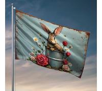 Drapeaux de dortoir pour filles avec breloque rustique : lapin dans un seau avec des fleurs, drapeau de voiture, pour chambre, cadeaux pour décoration d'intérieur (60 x 90 cm)
