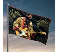 Drapeaux de dortoir pour gars Jungle Vibes : un homme en jaune joue une guitare électrique au milieu de drapeaux luxuriants G pour hommes, décoration de chambre amusante (30 x 45 cm)