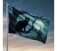 Drapeaux de dortoir pour gars, un chat noir perché sur une branche d'arbre sous une pleine lune, avec un château en arrière-plan, drapeaux pour décoration de chambre à coucher (120 x 180 cm)