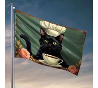Drapeaux de dortoir pour gars, un chat noir portant une toque de chef assis derrière une tasse de thé, entouré de fleurs, drapeaux pour hommes, affiches cool pour hommes (60 x 90 cm)