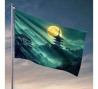 Drapeaux de dortoir pour gars Une pagode sereine sous une pleine lune dans une forêt brumeuse. Décorations de dortoir pour les gars de l'université Drapeaux de chambre drôles (30 x 45 cm)