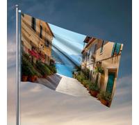 Drapeaux de dortoir pour gars Une rue pittoresque bordée de plantes en pot mène à une vue côtière sereine. Drapeau décorations de dortoir pour garçons d'université Drapeaux amusants (120 x 180 cm)