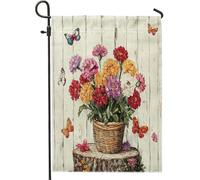 Drapeaux de jardin à œillets de printemps 30,5 x 45,7 cm double face pour l'extérieur, panier de fleurs en bois, papillons, petits drapeaux de maison, drapeaux de maison en toile de jute florale pour