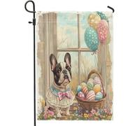 Drapeaux de jardin à motif bouledogue français de printemps et de Pâques, 30,5 x 45,7 cm, double face pour extérieur, chiot Victoria Country en toile verticale, drapeaux de maison, ferme, cour, jardin