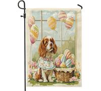 Drapeaux de jardin à motif cavalier King Charles Spaniel de Pâques, 30,5 x 45,7 cm, double face pour extérieur, chiot victorien Country Chiot, drapeaux verticaux en toile vintage, pour cour, cour