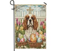 Drapeaux de jardin à motif cavalier King Charles Spaniel de Pâques, 30,5 x 45,7 cm, double face pour extérieur, ferme, croix, chiot, toile standard, drapeaux d'extérieur vintage, décoration de cour